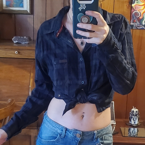 Indian Motorcycle navy blue gray and black plaid button down longsleeve shirt. - Picture 6 of 16